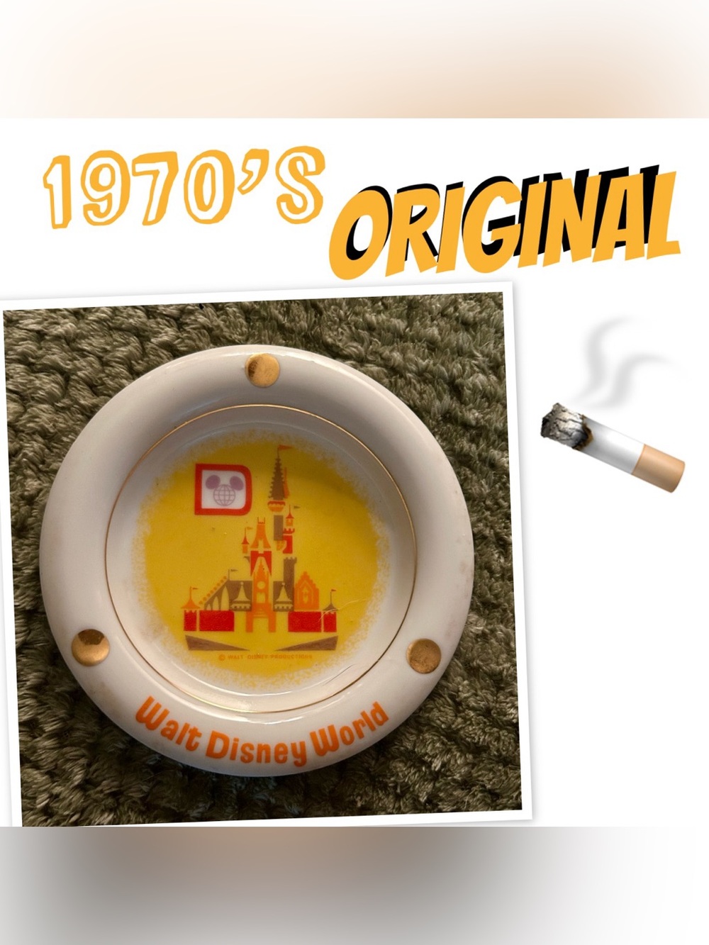 Disney White Ceramic Ashtray with Yellow & Orange Castle Graphic